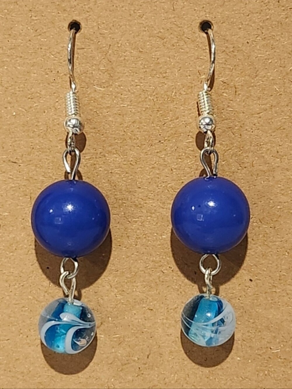 Silver Tone Blue Bead Dangle Earrings